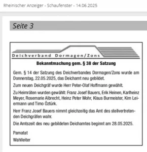 Deichamt Dormagen/Zons Wahlergebnis Mai 2025