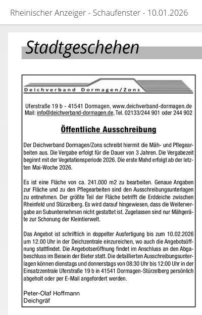 öffentliche Ausschreibung Deichverband Dormagen/Zons